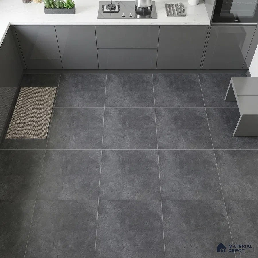 Modern kitchen with grey high gloss laminate cabinets and charcoal stone-look floor tiles