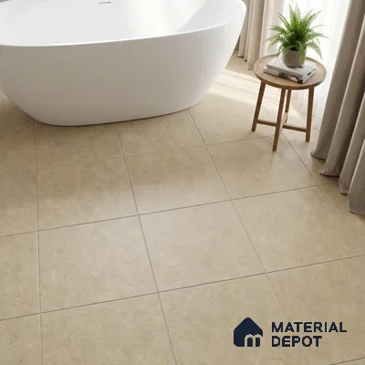 Minimalist bathroom with beige stone-look floor tiles and freestanding tub
