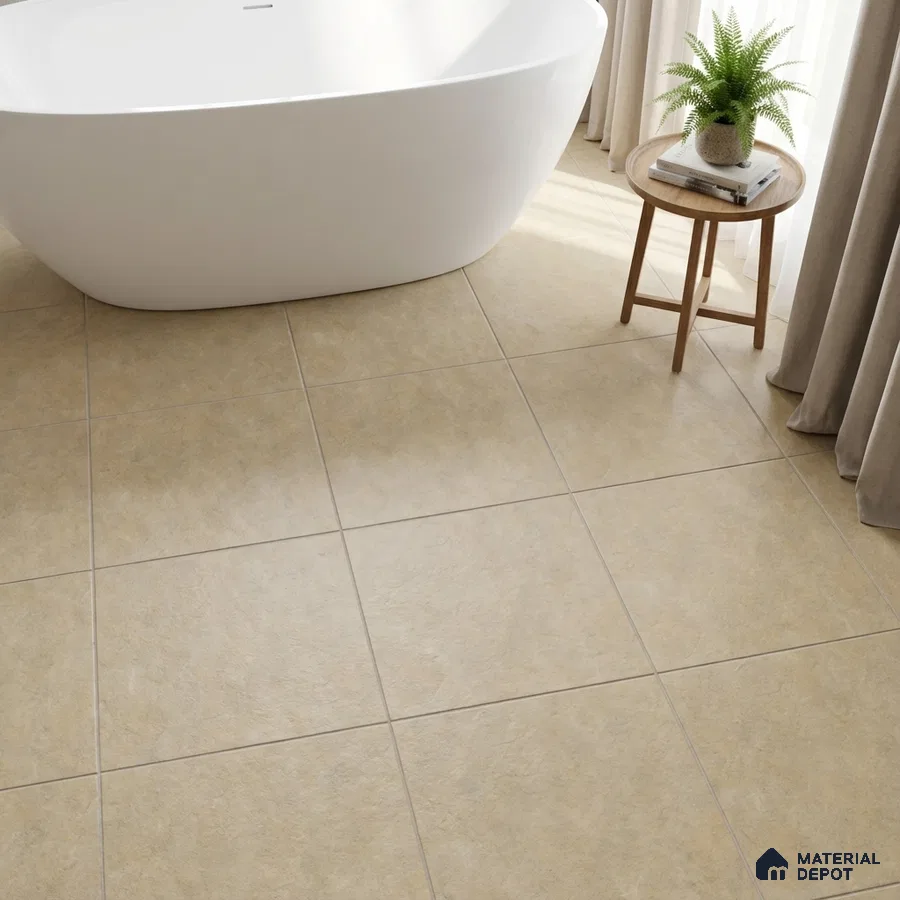 Minimalist bathroom with beige stone-look floor tiles and freestanding tub