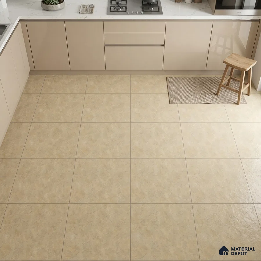 Modern kitchen with beige glossy laminate cabinets, white marble countertop, and cream stone-look floor tiles