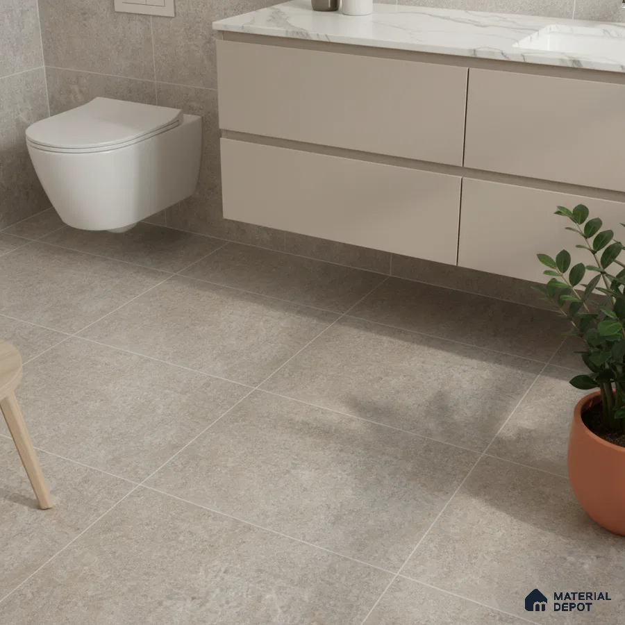 Minimalist bathroom with beige stone-look floor and wall tiles and floating vanity