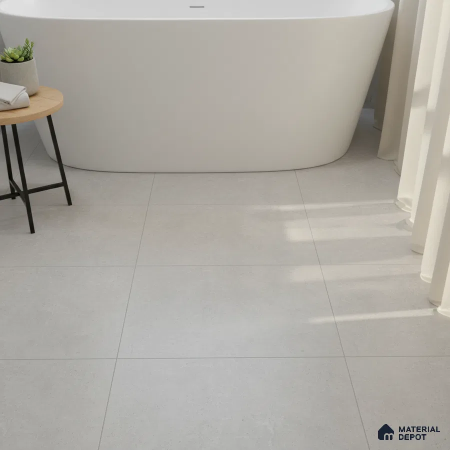Minimalist bathroom with matte white bathtub and light grey stone-look floor tiles