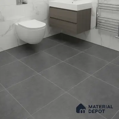 Modern bathroom with marble-look wall tiles, matte grey floor tiles, and wood laminate vanity