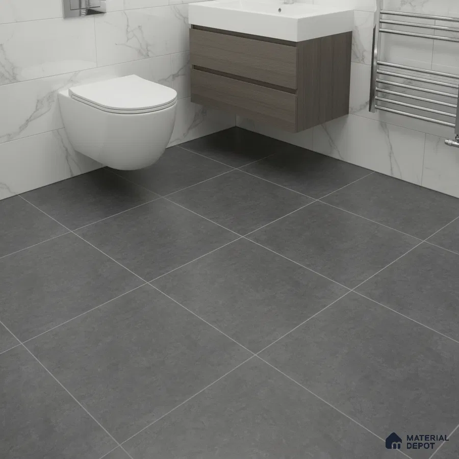 Modern bathroom with marble-look wall tiles, matte grey floor tiles, and wood laminate vanity