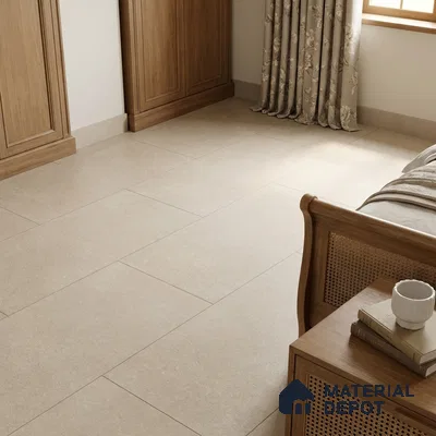 Traditional Bedroom with Matte Beige Cement-Look Floor Tile