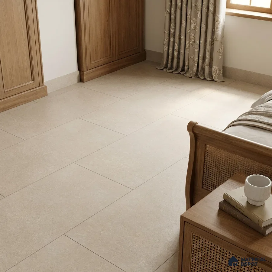 Traditional Bedroom with Matte Beige Cement-Look Floor Tile