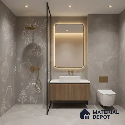 Modern bathroom with floral patterned wall tile, grey marble-look tiles, and wood vanity