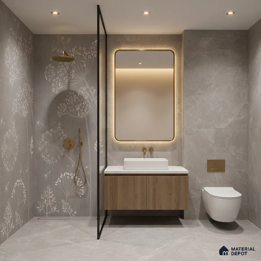 Modern bathroom with floral patterned wall tile, grey marble-look tiles, and wood vanity