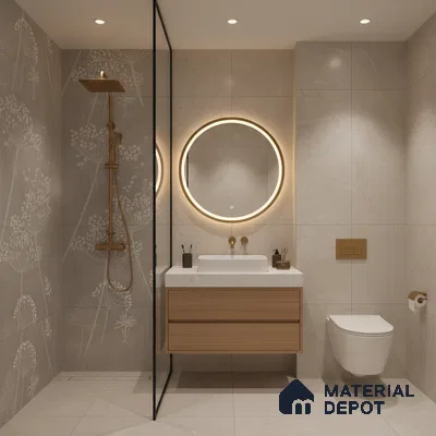 Minimalist bathroom with beige floral wall tiles, floating wood vanity, and white quartz countertop