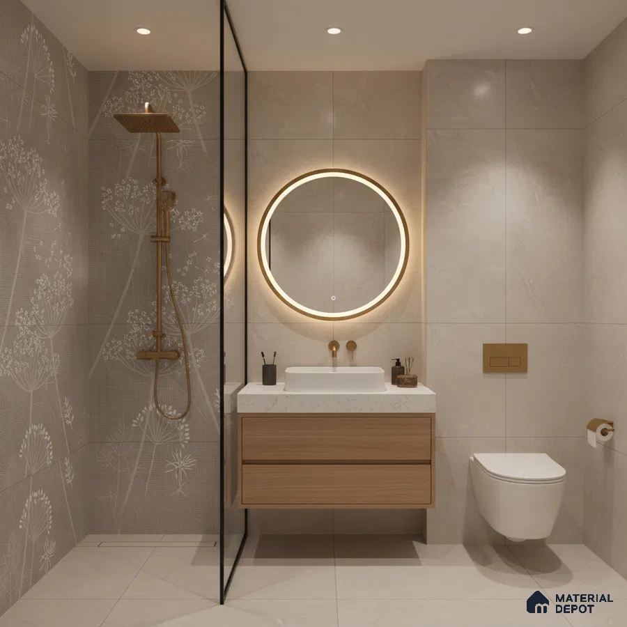 Minimalist bathroom with beige floral wall tiles, floating wood vanity, and white quartz countertop