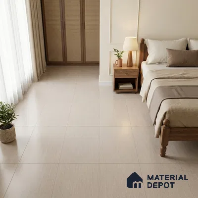 Scandinavian Bedroom with Cream Linen-Look Matte Floor Tile and Cane Wardrobe