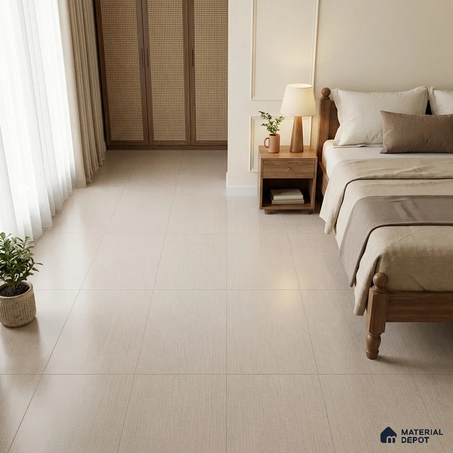 Scandinavian Bedroom with Cream Linen-Look Matte Floor Tile and Cane Wardrobe