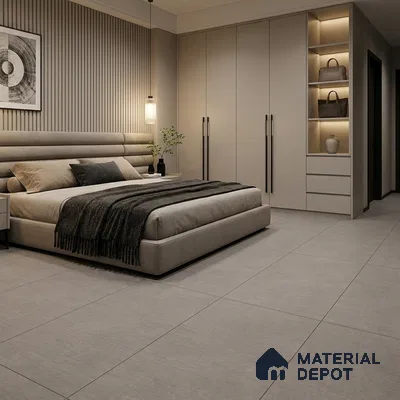 Modern Bedroom with Grey Fabric-Look Matte Floor Tile