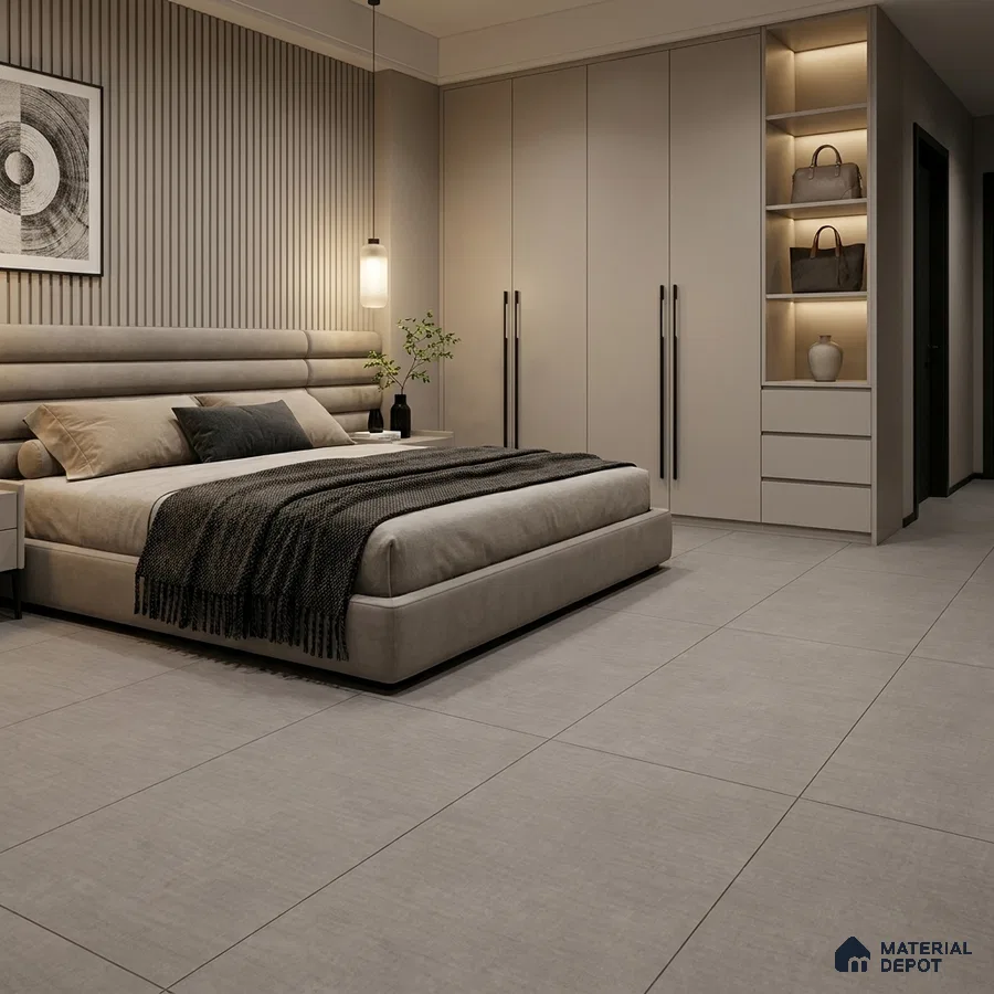 Modern Bedroom with Grey Fabric-Look Matte Floor Tile
