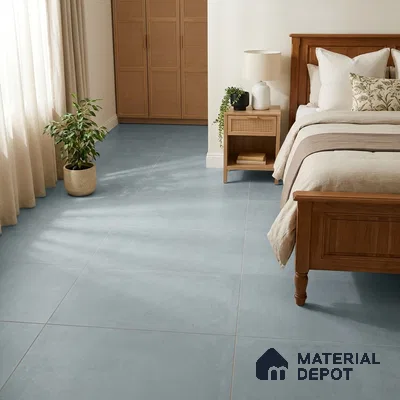 Scandinavian Bedroom with Dusty Blue Matte Floor Tile and Cane Wardrobe