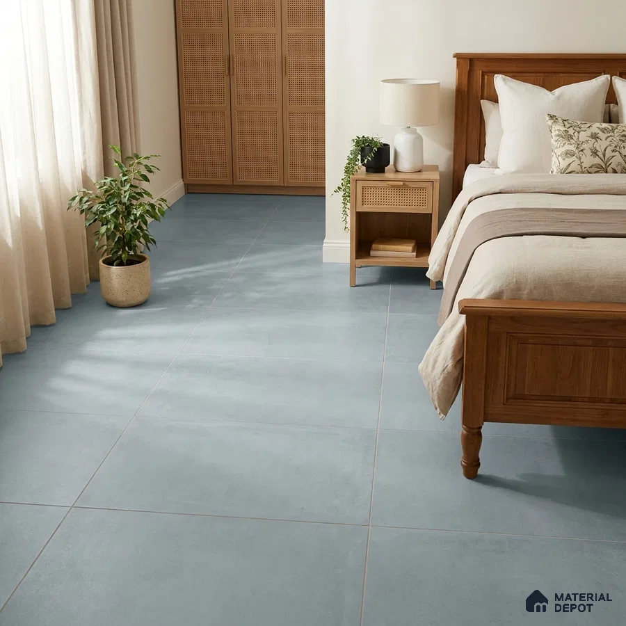 Scandinavian Bedroom with Dusty Blue Matte Floor Tile and Cane Wardrobe
