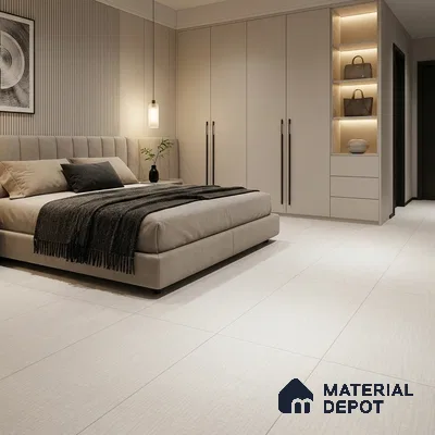 Modern Bedroom with Ivory Fabric-Look Matte Floor Tile