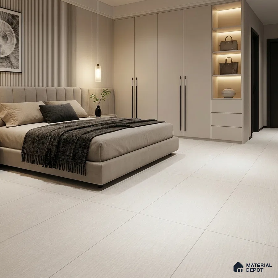 Modern Bedroom with Ivory Fabric-Look Matte Floor Tile