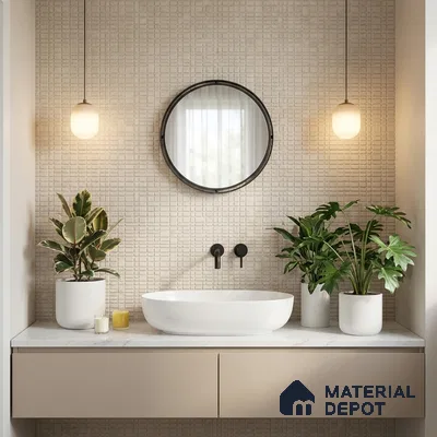 Minimalist bathroom with textured beige wall tiles and matte beige floating vanity