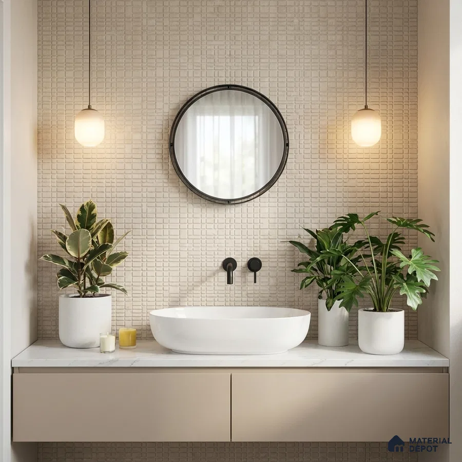 Minimalist bathroom with textured beige wall tiles and matte beige floating vanity