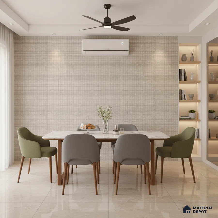Modern dining room with beige mosaic wall tile, marble dining table, and glossy beige floor tiles