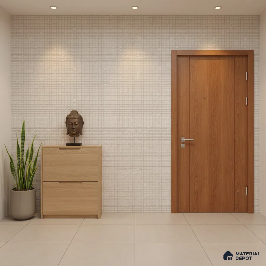 Minimalist foyer with light oak laminate cabinet, grid textured wall tile, and beige floor tile