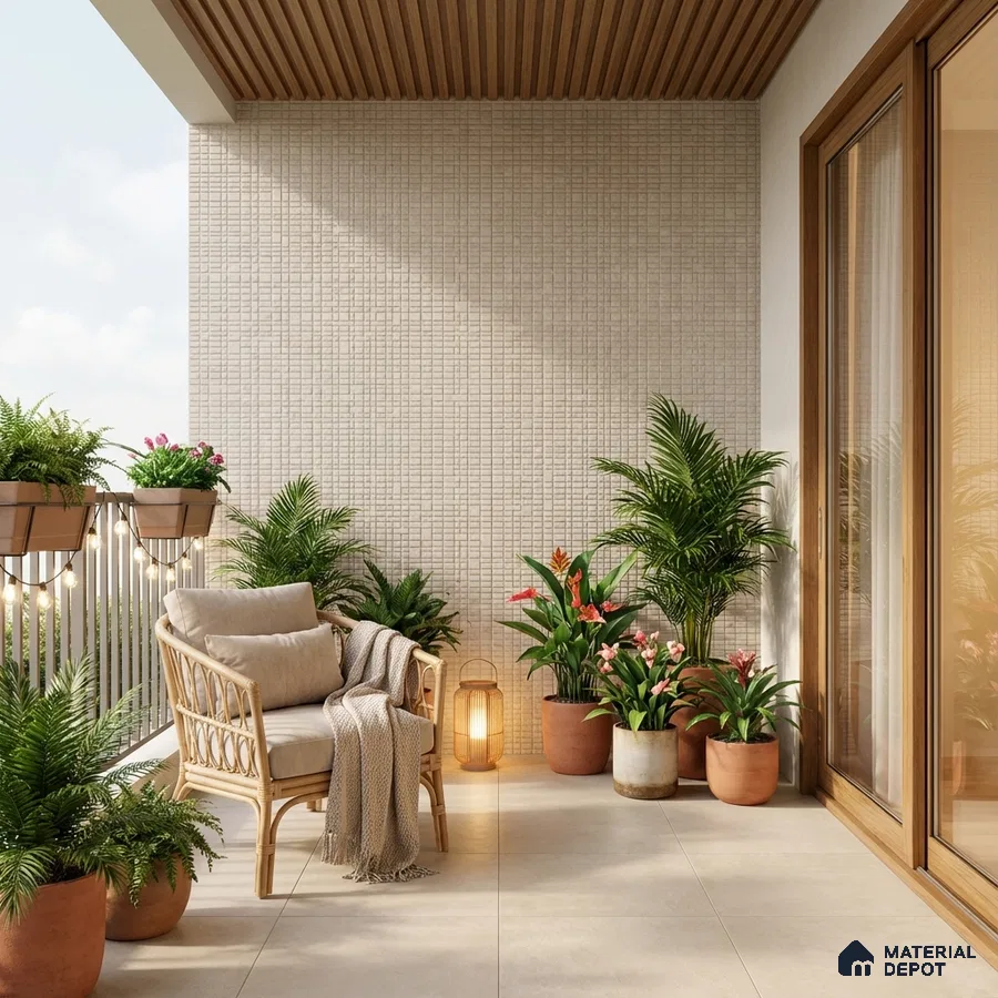 Scandinavian balcony with beige textured wall tile, wooden louver ceiling, and large format beige floor tiles