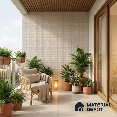 Scandinavian balcony with beige textured wall tile, wooden louver ceiling, and large format beige floor tiles