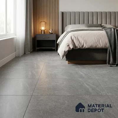 Modern Bedroom with Charcoal Grey Stone-Look Matte Floor Tile