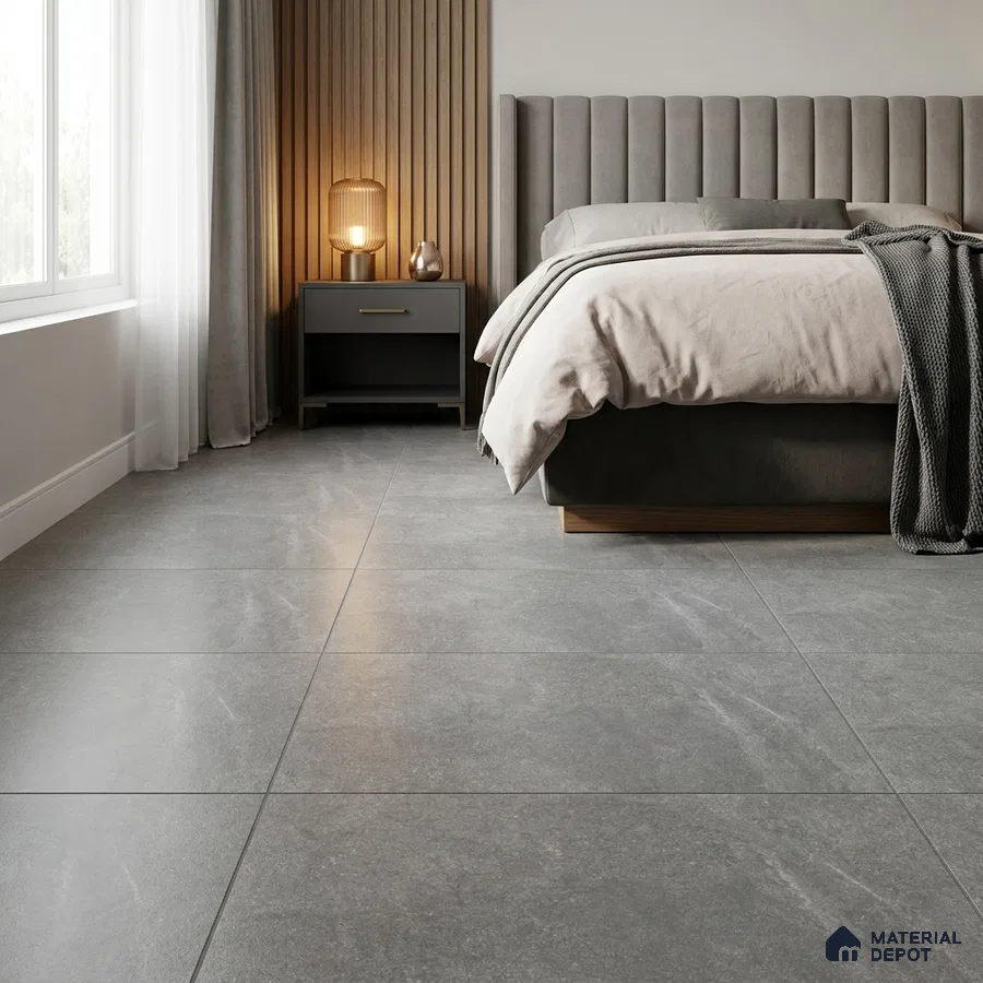 Modern Bedroom with Charcoal Grey Stone-Look Matte Floor Tile