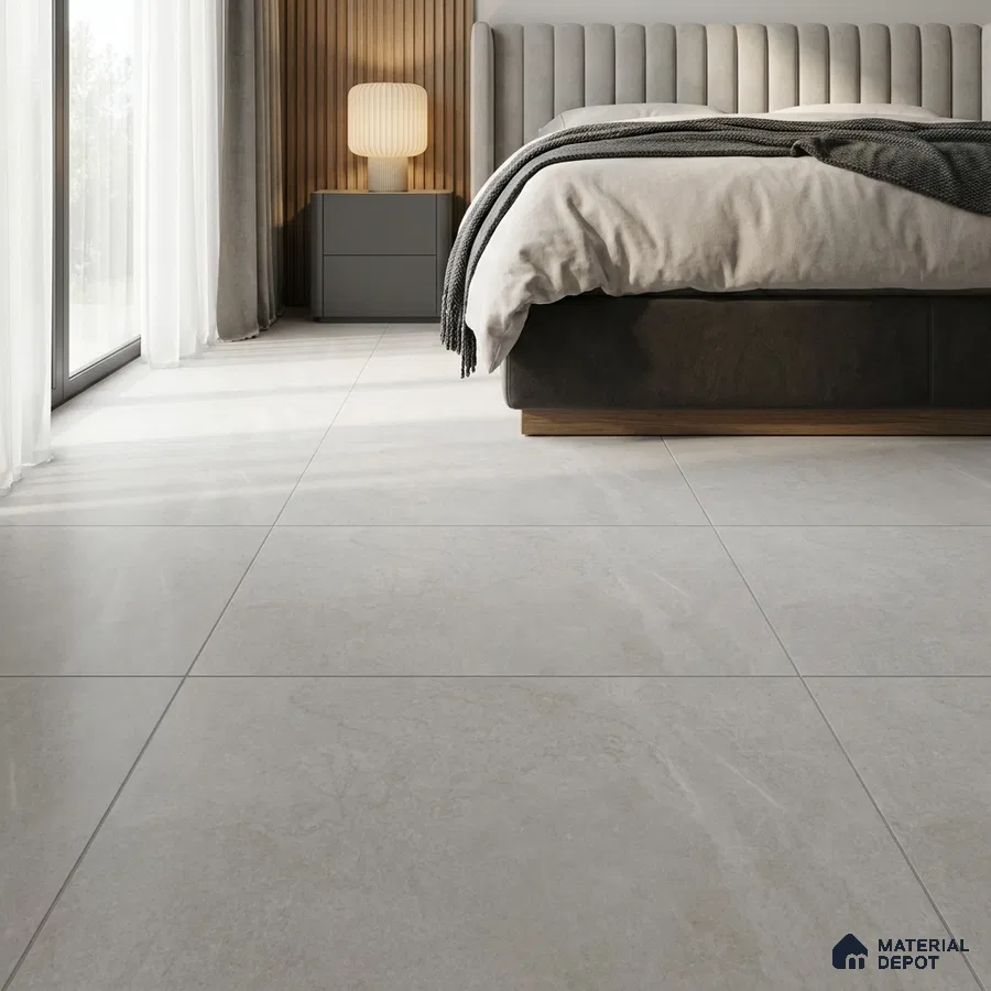 Modern Bedroom with Grey Stone-Look Matte Floor Tile