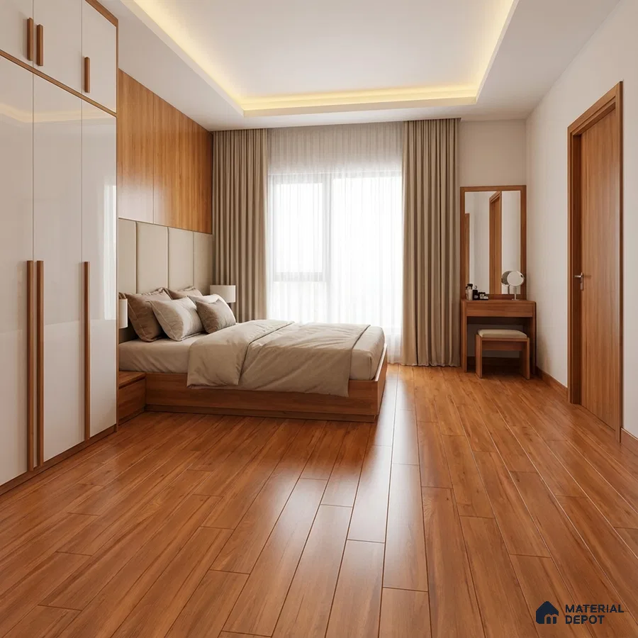 Modern bedroom with glossy white laminate wardrobe and warm walnut wooden flooring