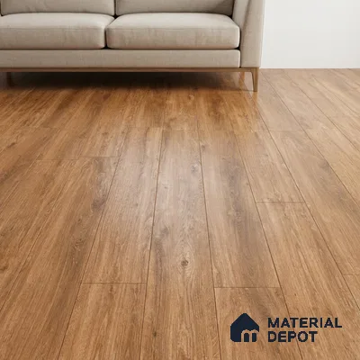 Minimalist living room with light oak wood flooring and beige fabric sofa