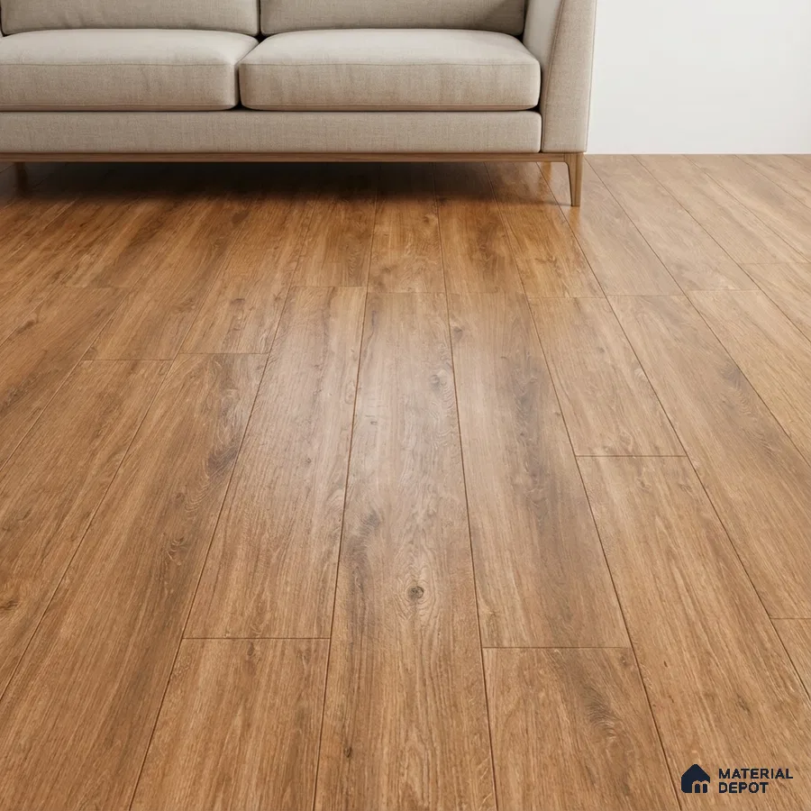 Minimalist living room with light oak wood flooring and beige fabric sofa