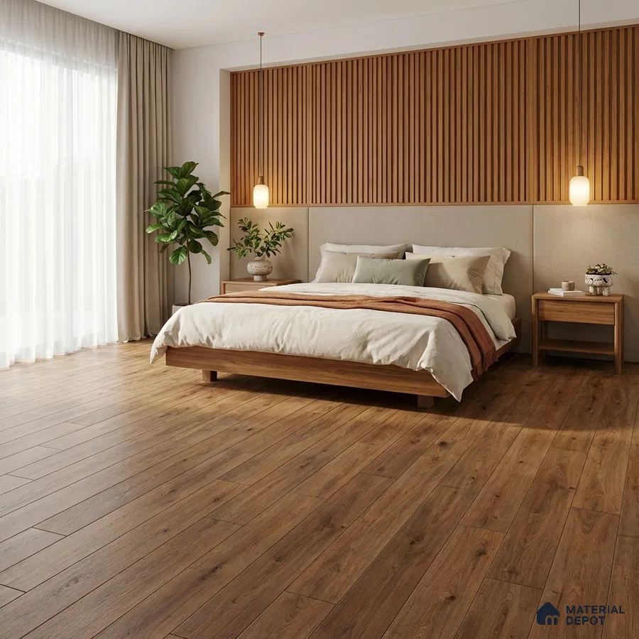Scandinavian bedroom with oak wood flooring and vertical wood slat wall panel