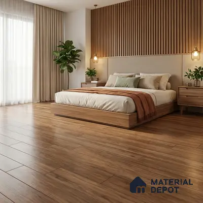 Scandinavian bedroom with oak wood flooring and vertical wood slat accent wall
