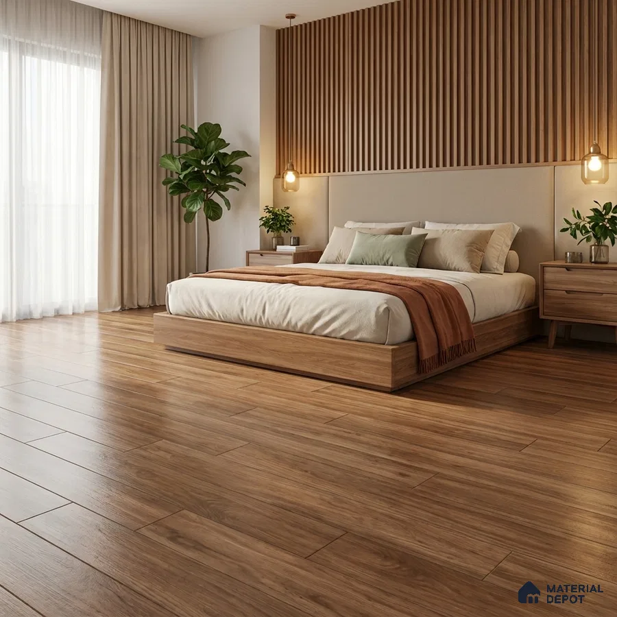 Scandinavian bedroom with oak wood flooring and vertical wood slat accent wall