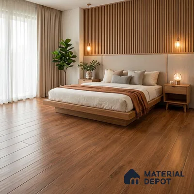 Scandinavian bedroom with oak wood flooring and vertical wood slat accent wall