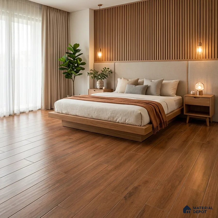 Scandinavian bedroom with oak wood flooring and vertical wood slat accent wall