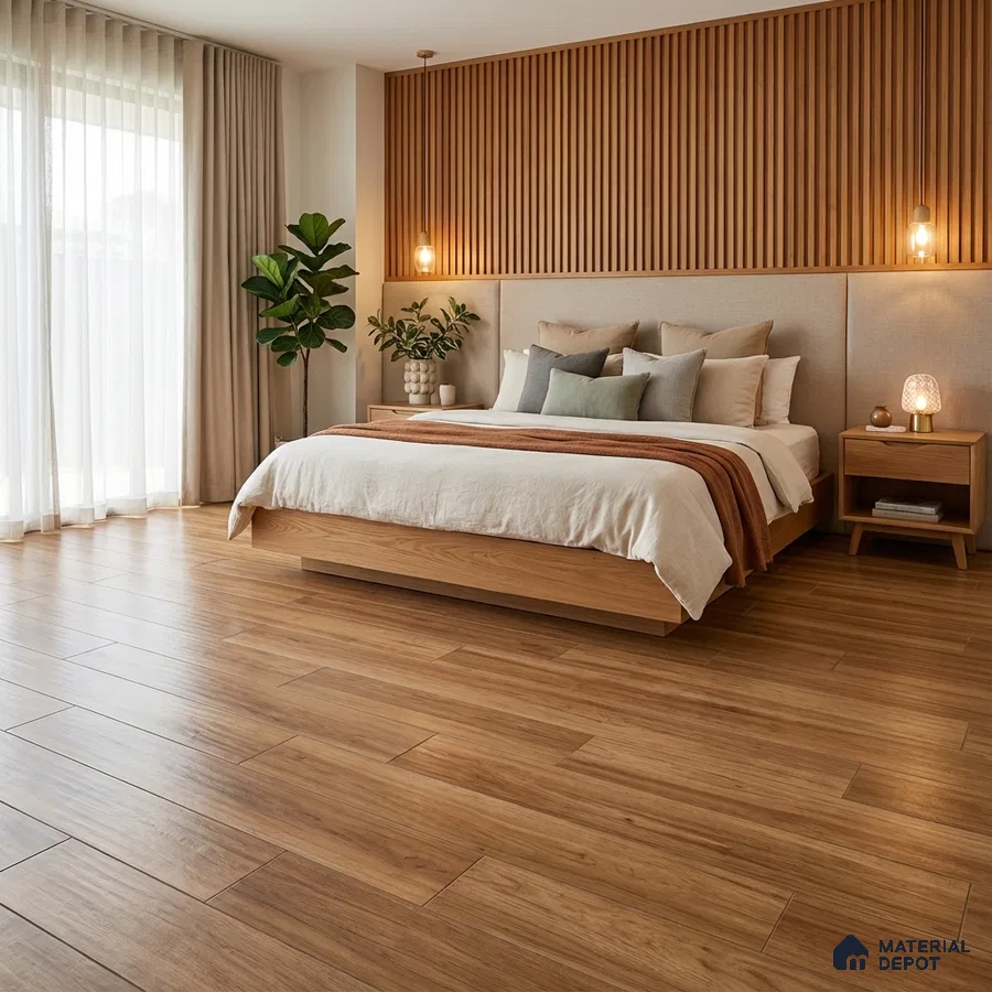 Scandinavian bedroom with oak wood flooring and vertical wood slat accent wall