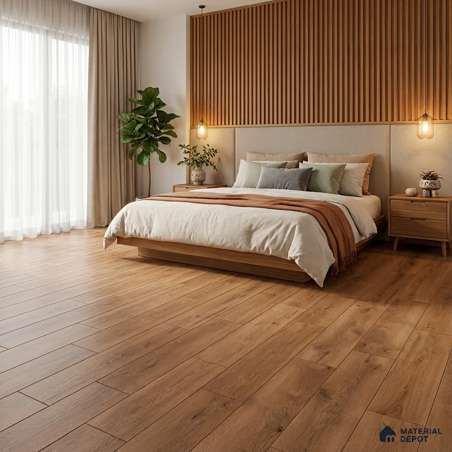Scandinavian bedroom with oak wood flooring and vertical wood slat accent wall