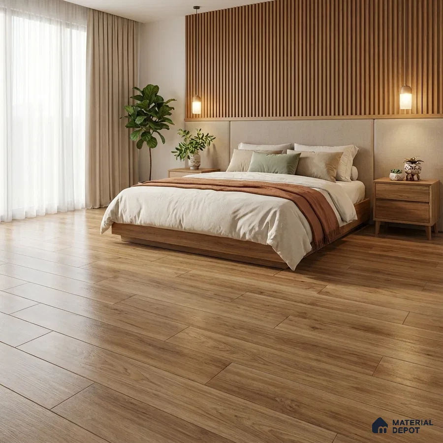 Scandinavian bedroom with oak wood flooring and vertical wood slat wall panels