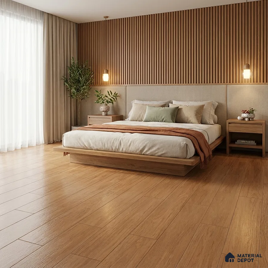 Scandinavian bedroom with oak wood flooring and vertical wood louver accent wall
