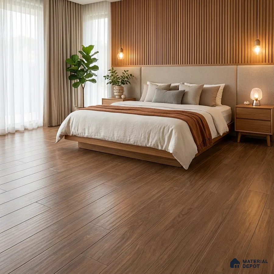 Scandinavian bedroom with walnut wood flooring and vertical wood louver accent wall