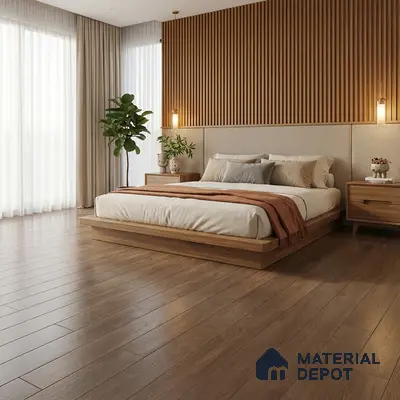 Scandinavian bedroom with oak wood flooring and vertical wood slat accent wall