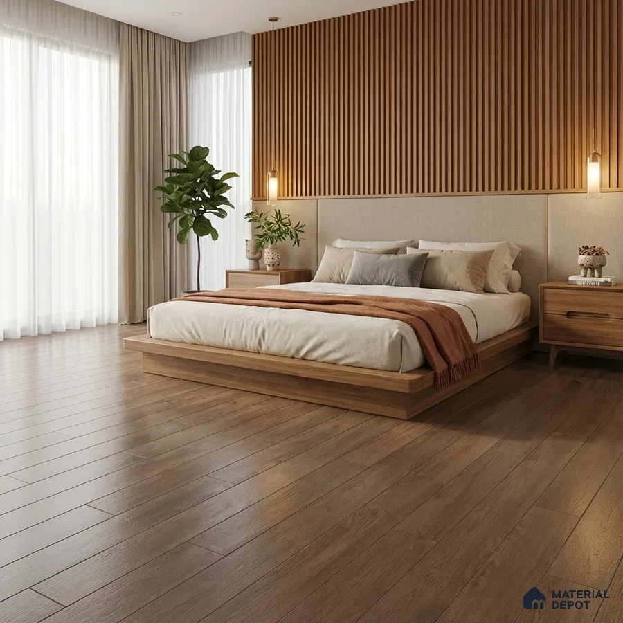 Scandinavian bedroom with oak wood flooring and vertical wood slat accent wall