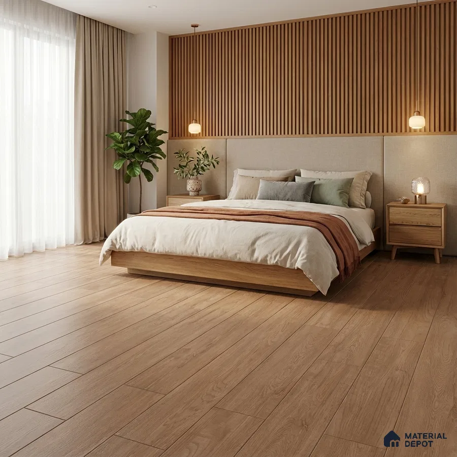 Scandinavian bedroom with oak wood flooring and vertical wood slat wall panel