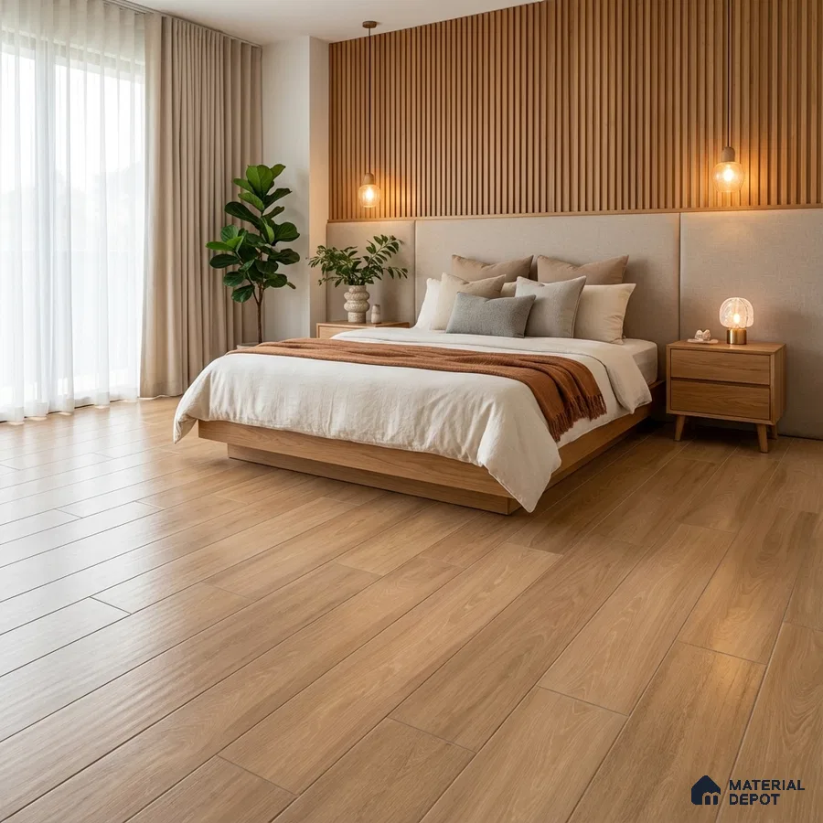 Scandinavian bedroom with oak wood flooring and vertical oak wood louver accent wall