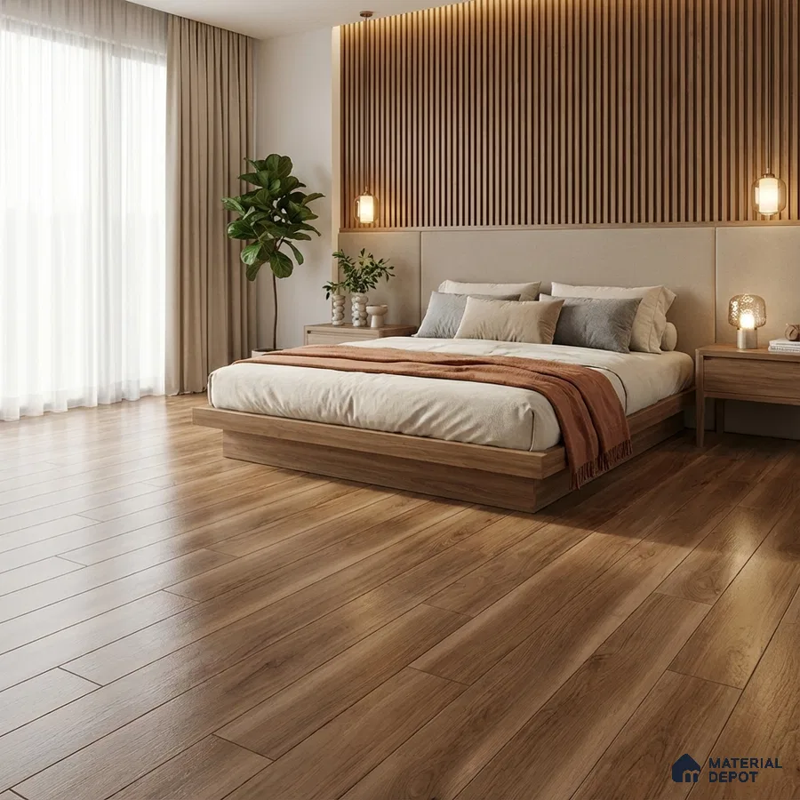 Scandinavian bedroom with oak wood flooring and vertical wood slat accent wall