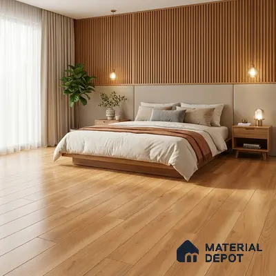 Scandinavian bedroom with oak wood flooring and vertical wood slat wall panels
